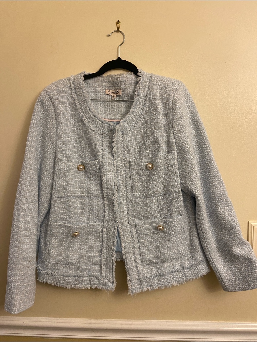 Nanette Lenore tweed blazer with gold & pearl buttons, front closure & pockets
